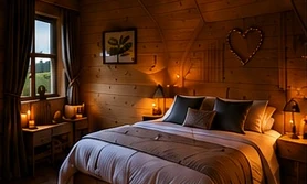 Illustration of a warm timber cabin bedroom