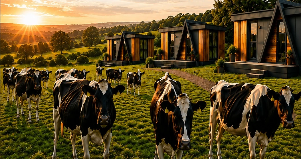 Illustration of contemporary cabins on a farm at sunset