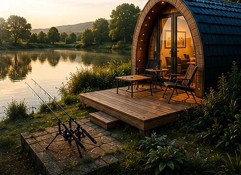 Illustration of a timber pod beside a fishing lake