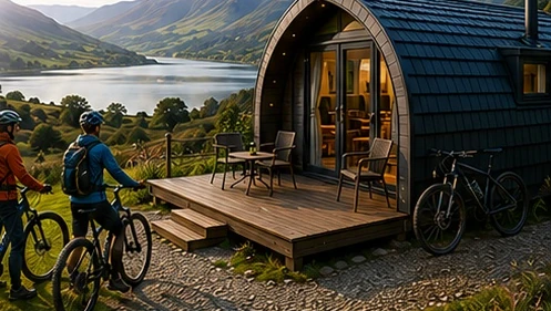 Illustration of cyclists outside a pod in the hills